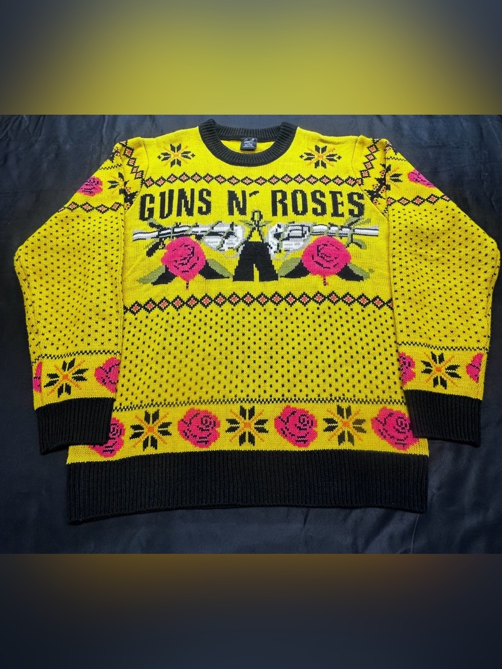 #C-22 Guns N' Roses Yellow Crewneck Sweater with Rose Motif- Size Large